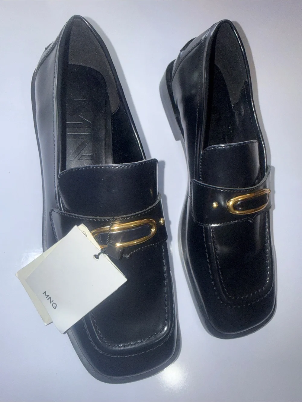 Mango loafers Black Leather Slip-On Loafers with Gold Buckle